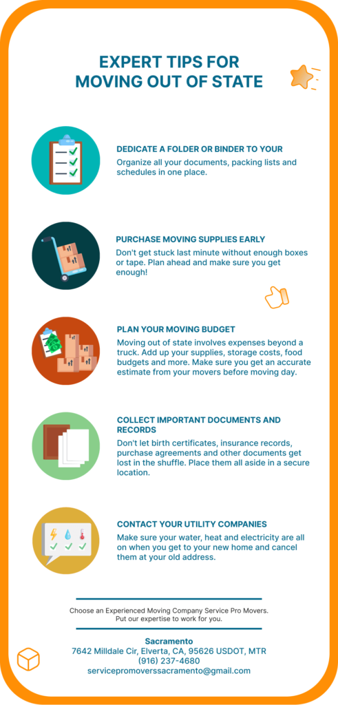 Expert moving tips for out-of-state relocation from Service Pro Movers. Infographic includes advice on organizing documents, buying packing supplies early, planning a moving budget, securing important records, and contacting utility companies. Includes Sacramento mover's contact info for professional long-distance moving help